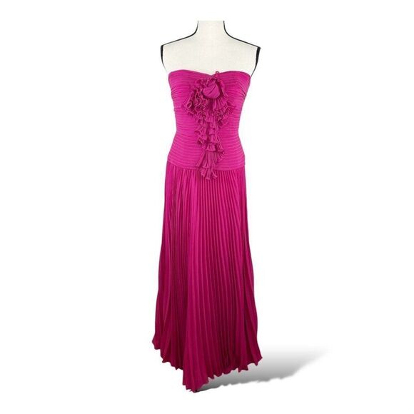Carmen Marc Valvo Silk Strapless Fuchsia Gown With Ruffle Detail Pleated Skirt 4 - Picture 2 of 12